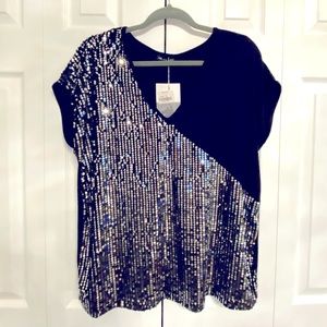 Milan Kiss Silver Sequin Black Top XL